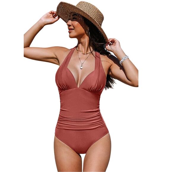 Cupshe Women's Brick Halter Plunge Tummy Control One Piece Swimsuit Size M - Picture 2 of 7